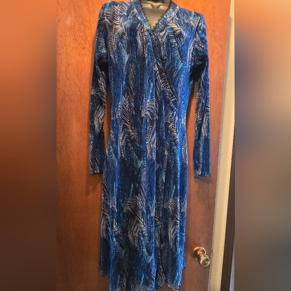 Ninety Elegant Blue Patterned Women's Stretchy Faux Wrap Dress SzM - Picture 2 of 11